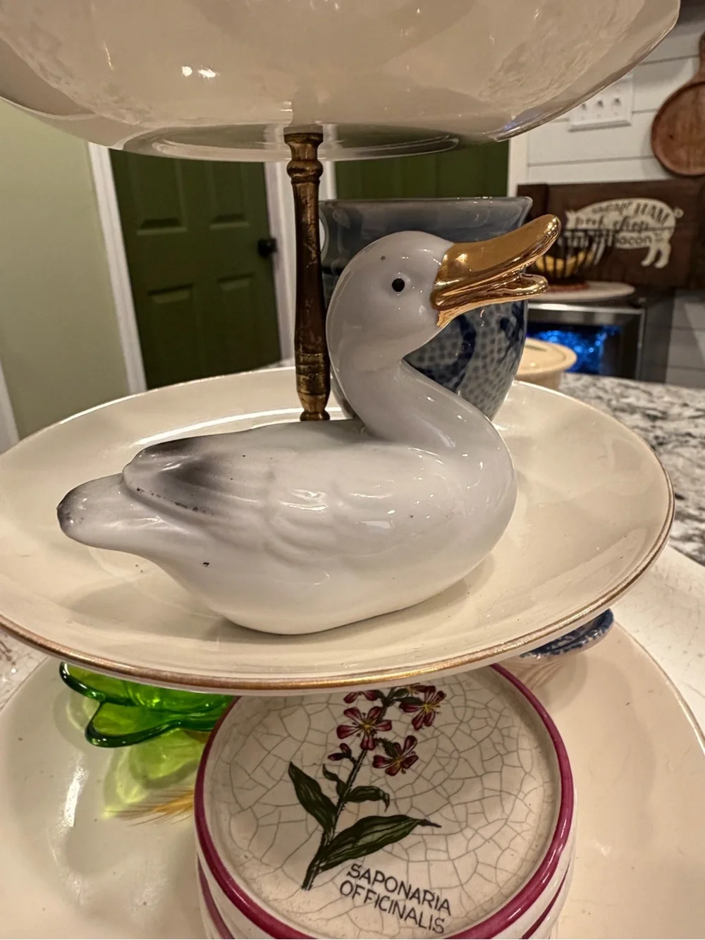 White Ceramic Duck Figurine with Gold Beak - Decorative Home Dining Accent
